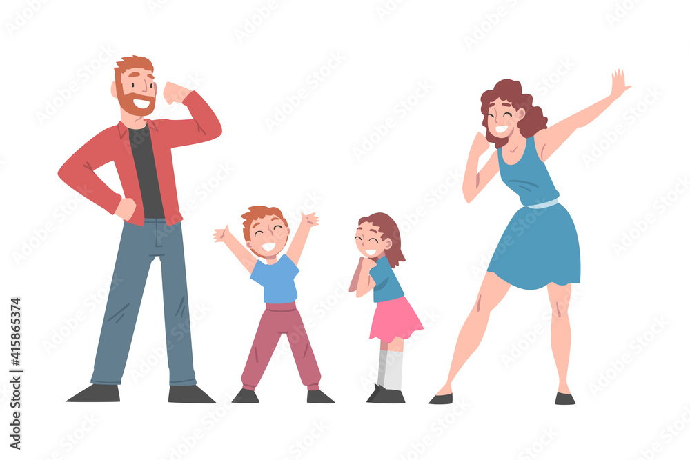 Happy Family Couple and their Kids Celebrating Victory, Expressing Succes or Having Fun, We Did It Concept Cartoon Vector Illustration Happy Family Couple and their Kids Celebrating Victory, Expressing Succes or Having Fun, We Did It Concept Cartoon Vector Illustration