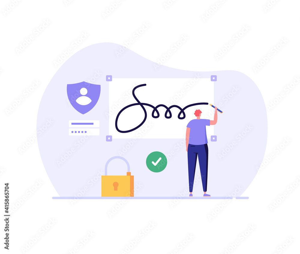 Businessman signing contract with digital pen on phone. Digital signature, business contract, electronic contract, e-signature concept. Vector illustration in flat design for web banner, mobile app
