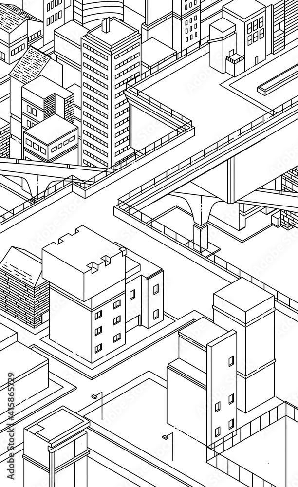 sketch of the city building isometric style 