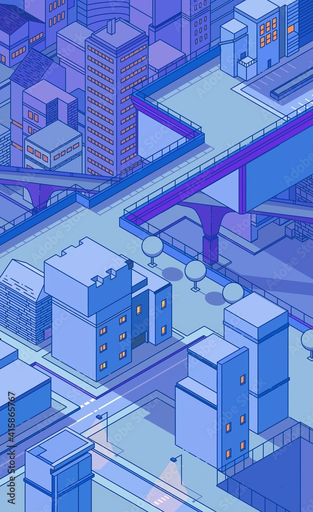 Illustration of city isometric background violet background cute drawing