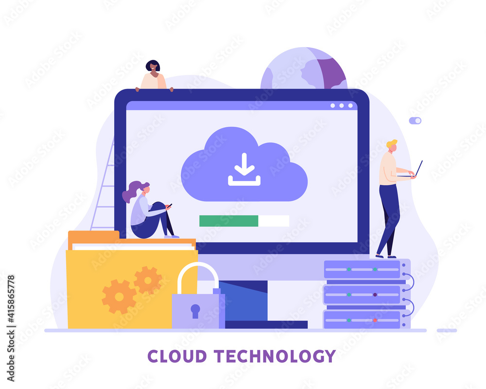 Cloud technology. People storing data on cloud server. Concept of cloud computing, online database, web hosting, web data center.  Vector illustration for web banner, infographics, mobile app