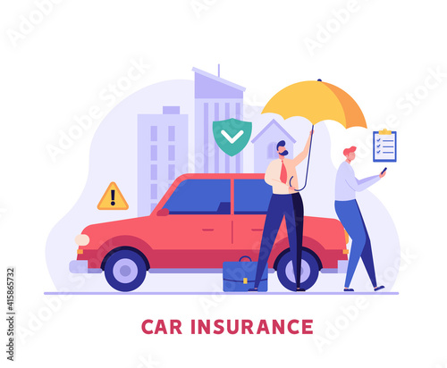 Car insurance vector illustration. Man protecting car with insurance and signing form with red auto. Concept of car insurance service, protection property, insurance agent for web design, ui, banners