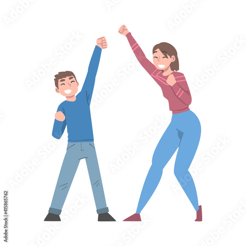 Happy Mom and her Son Celebrating Victory, Expressing Succes or Having Fun, We Did It Concept Cartoon Vector Illustration