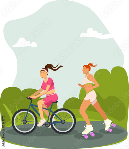sports girls rollerblading and cycling. sports lifestyle