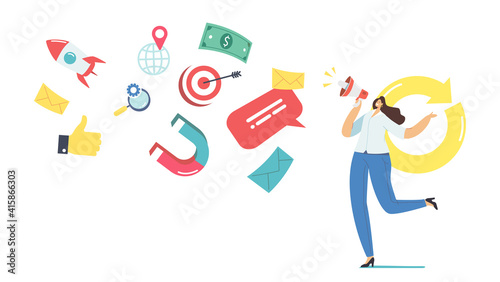 Girl Promoter 360 Degree Marketing Advertising Campaign. Online Public Relations or Affairs. Woman Shouting to Megaphone