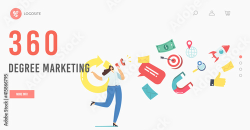 Female Promoter Character 360 Degree Marketing Advertising Campaign Landing Page Template. Online Public Relations