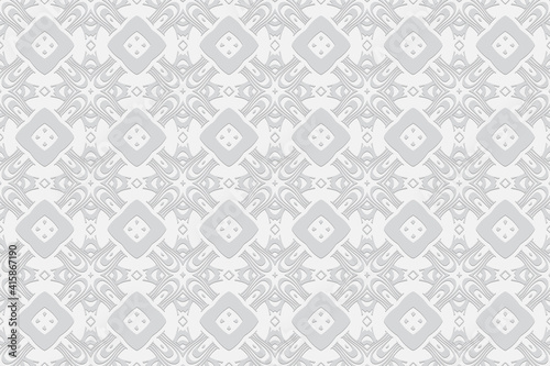 Geometric convex volumetric 3D pattern with artistic relief ornament from ethnic unique elements and polygons in the style of the peoples of Asia and the East. White background for design.