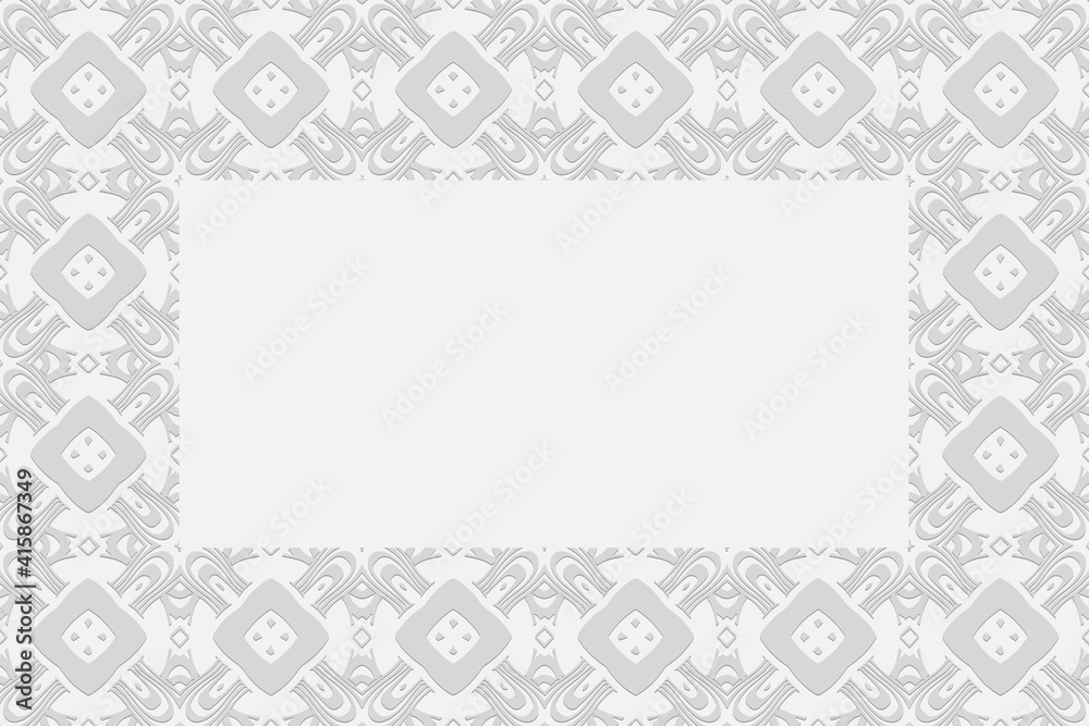 White background for design and decor. Frame for text. Geometric convex volumetric 3D pattern with artistic relief ornament from ethnic unique elements and polygons .