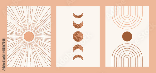 Boho sun, moon, arch set, minimalist mid century modern art