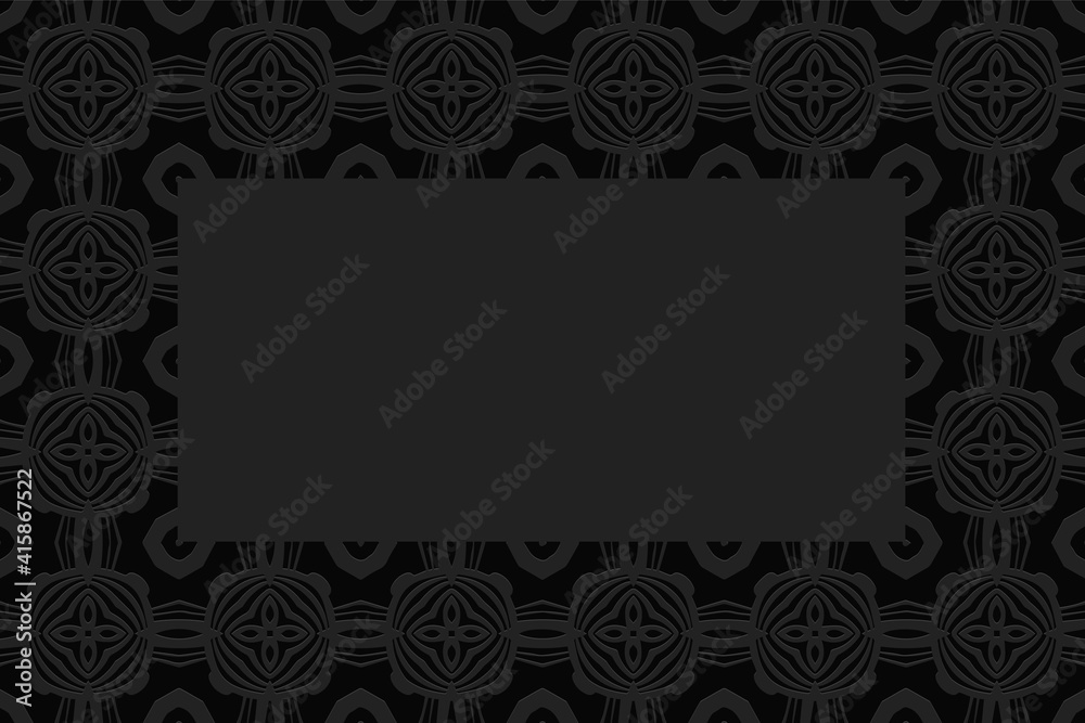 Black background for design and presentations. Frame for text. Geometric convex volumetric 3D pattern with embossed ornament in ethnic style.