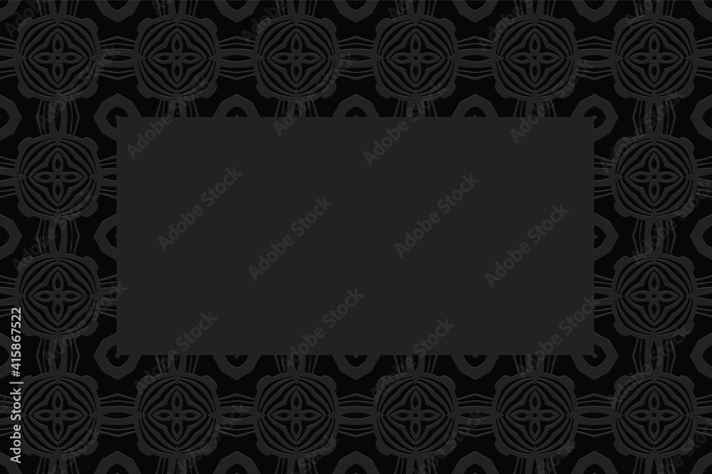 Black background for design and presentations. Frame for text. Geometric convex volumetric 3D pattern with embossed ornament in ethnic style. Black background for design and presentations. Frame for text. Geometric convex volumetric 3D pattern with embossed ornament in ethnic style.