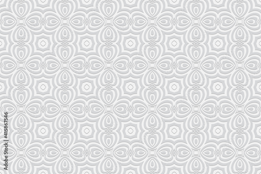Geometric convex volumetric 3D pattern with artistic relief ornament from ethnic unique elements and colors in the style of the peoples of Asia. White background for design.