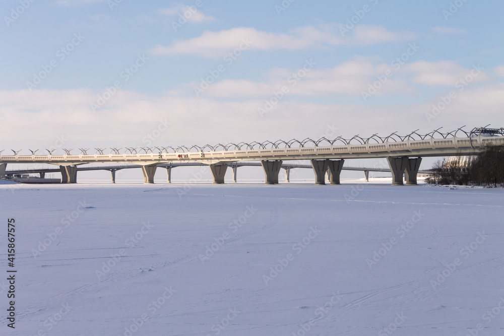 winter landscape on the horizon Betancourt Bridge in St. Petersburg, February 2021