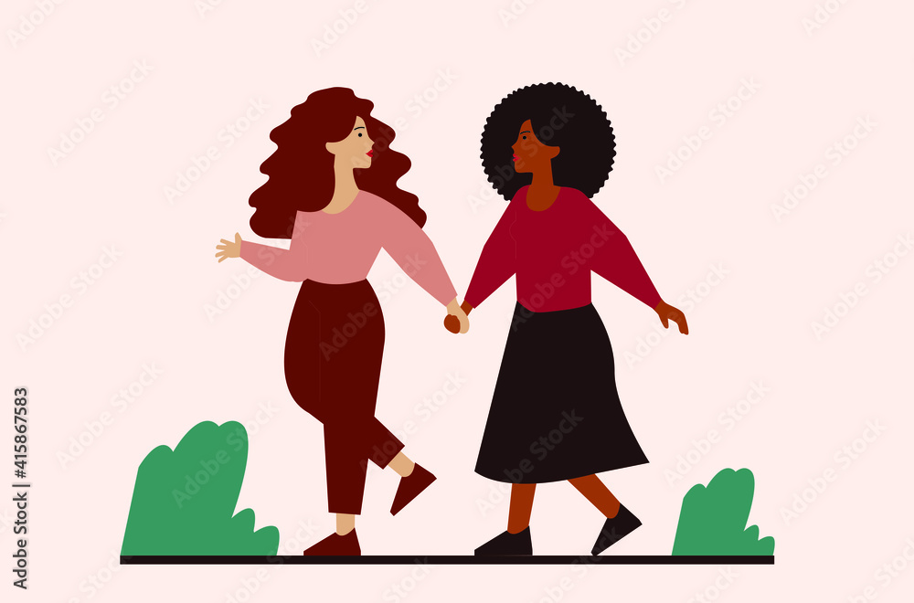 Two flat confident women walk together and hold hands. Black female gets supported by her friend. Sisterhood, friendship, activist or feminism poster. Women's empowerment concept. Vector illustration.