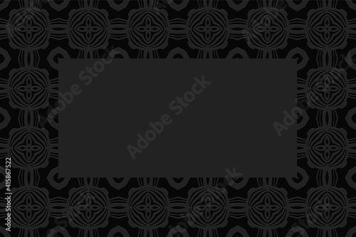 Black background for design and presentations. Frame for text. Geometric convex volumetric 3D pattern with embossed ornament in ethnic style.