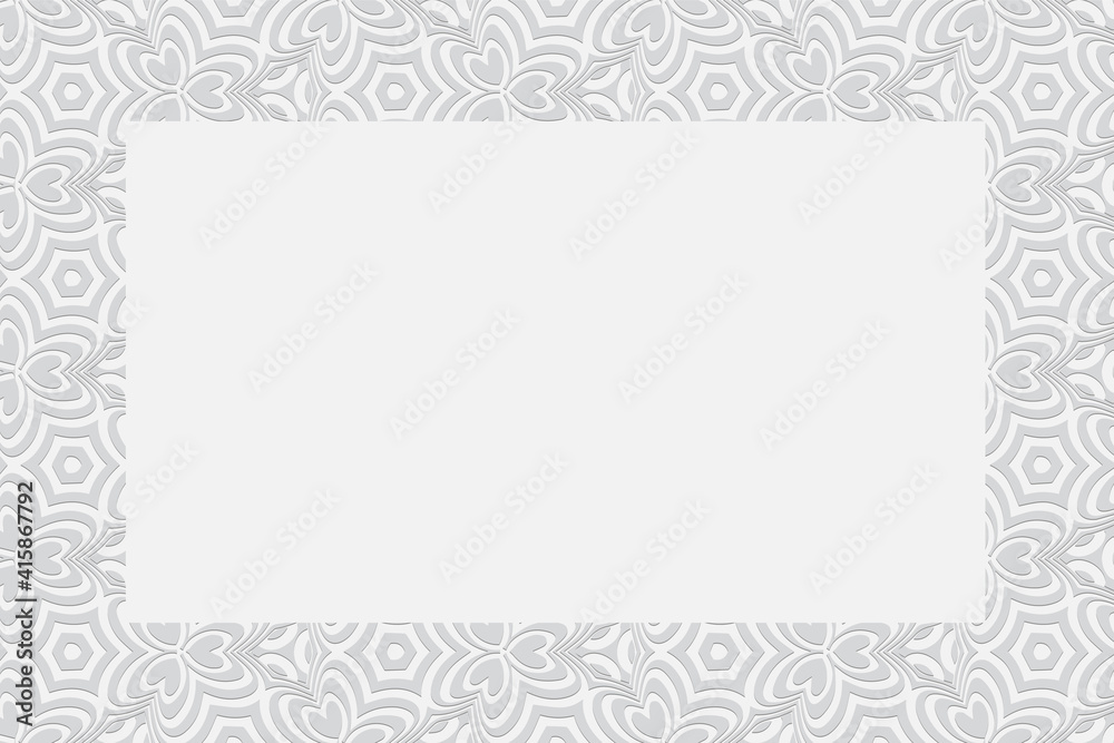 White background for design and decor. Frame for text. Geometric convex volumetric 3D pattern with a relief ornament from ethnic unique elements in the style of doodling.