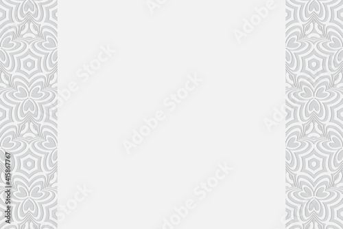White background for design and presentations. Vertical inserts. Geometric convex volumetric 3D pattern with a relief ornament from ethnic unique elements in the style of doodling.