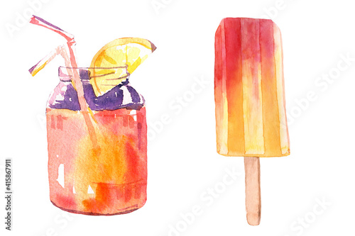 Watercolor illustration of orange lemonade and fruit ice