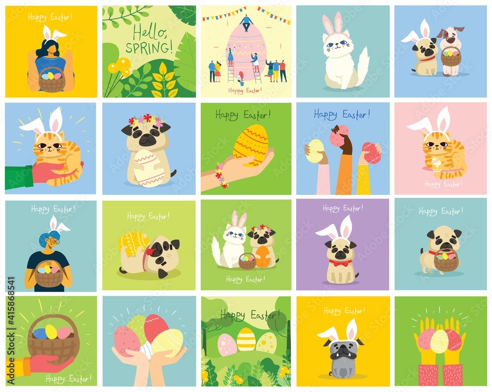 Vector Easter cards with animals holding the eggs and hand drawn text - Happy Easter Vector Easter cards with animals holding the eggs and hand drawn text - Happy Easter