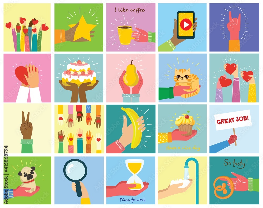 Hand-drawn illustrations of hands hold different things, such as smartphone, pizza, ice cream, donut and othersin