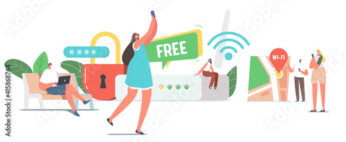 Tiny Male and Female Characters at Huge Router use Internet on Laptop and Smartphone via Wifi Wireless Connection