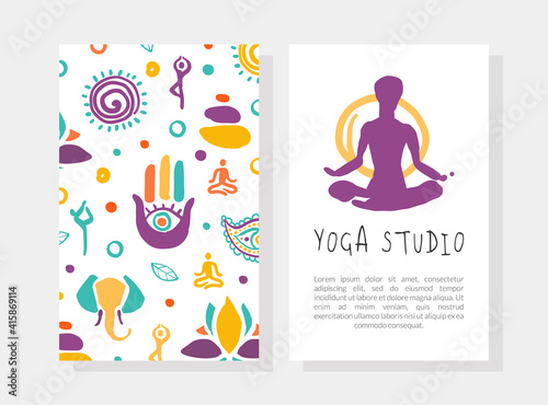 Yoga Studio Business Card Template with Front and Back Side, Traditional Medicine, Meditation Class, Spiritual Practice Hand Drawn Vector Illustration