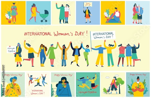 International women's day.Diverse international and interracial group of standing women. For girls power concept, feminine and feminism ideas. Vector illustration.