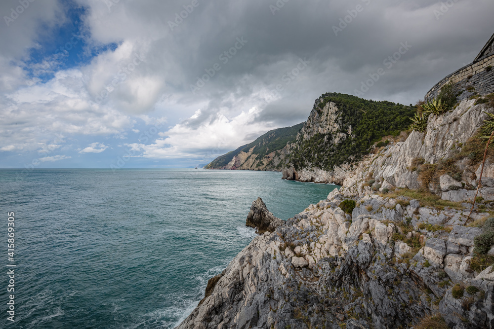 Cliff sea coast near Grotta di Lord Byron in Portovenere or Porto Venere town on Ligurian coast. Province of La Spezia. Italy