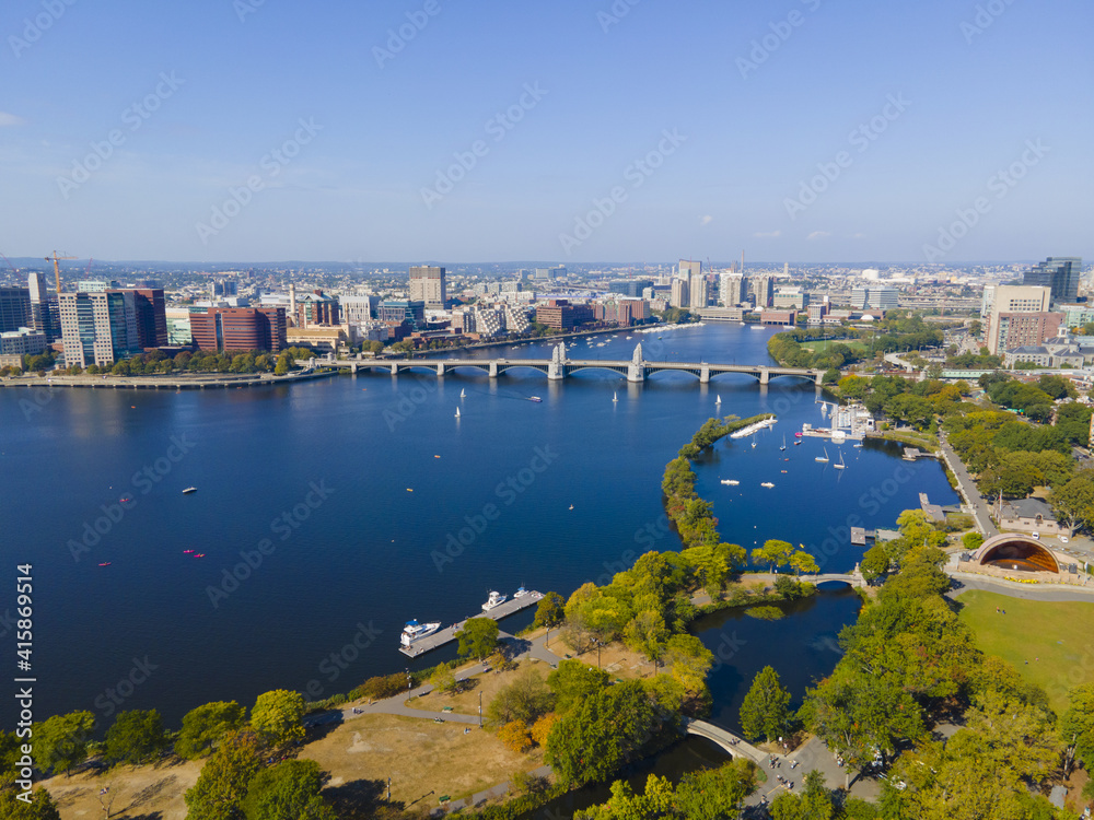 Boston Longfellow Bridge on Charles River aerial view that connects city of Cambridge and Boston, Massachusetts MA, USA.