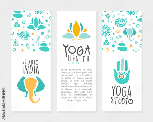 Yoga Health Center Card Templates Set with Space for Text, Meditation Class, Spiritual Practice can be Used for Banner, Flyer, Brochure Hand Drawn Vector Illustration