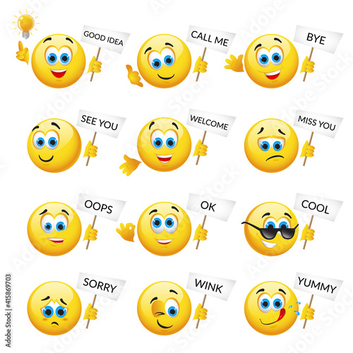 Set of Yellow emoticons and emojis. Vector illustration in realistic style