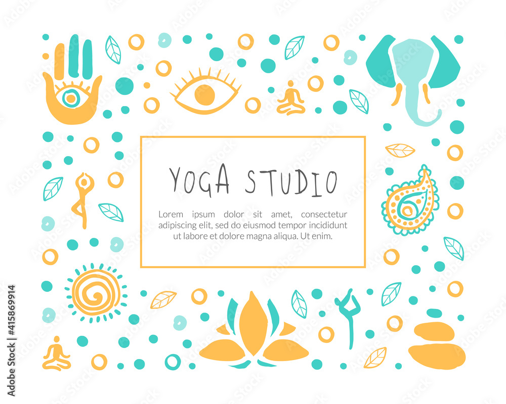 Yoga Studio Banner Template with Space for Text, Ayurveda, Traditional Medicine, Meditation Class and Spiritual Practice Card, Poster Hand Drawn Vector Illustration