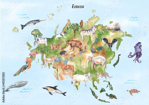 Photography Eurasia map with animals Watercolor world animal map Cute animals Nursery wall art, classroom poster, educational, learning, play room wall decor