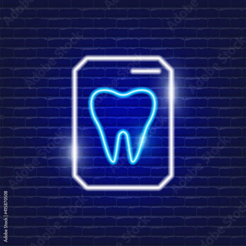 Tooth x-ray neon icon. Sign for dentistry clinic. Orthodontics concept.