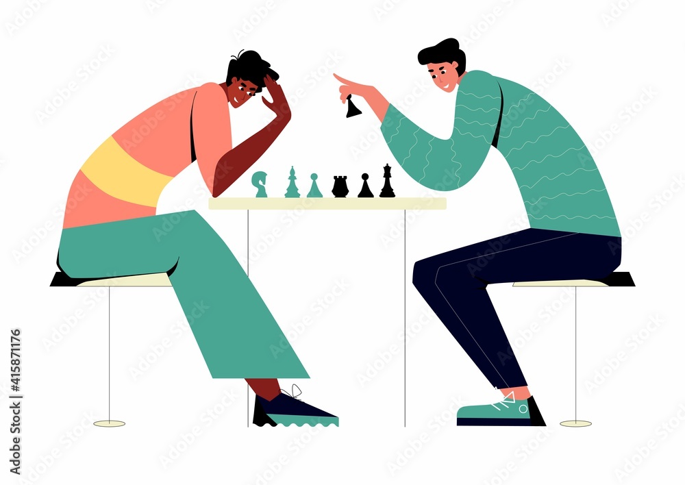 Fototapeta premium Chess game. Trendy flat illustration. People play chess. Chess pieces.