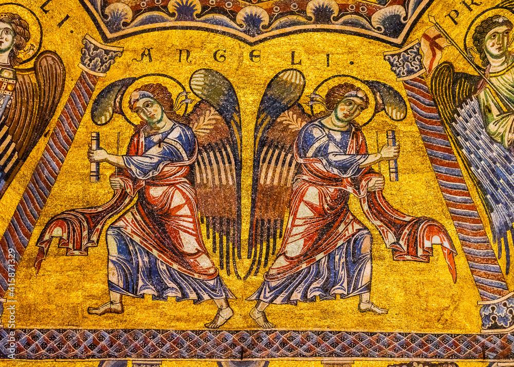 Angels mosaic, Florence Baptistery, Florence, Italy. Baptistery created 1050 to 1150, mosaics by Friar Jacobus in 1200's.