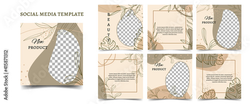 Square patterns in olive and beige colors. Fully editable Vector cards for social media networks, blog, advertising promotion. Place for text and photo
