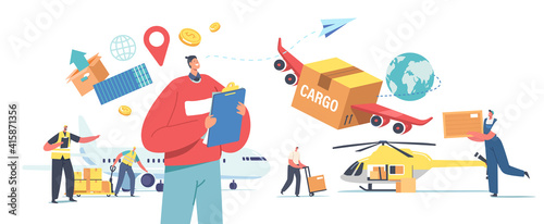 Air Cargo Transportation, Aircraft Logistics, Delivering Goods by Airplane, Helicopter or Drone. Characters Loading Boxes