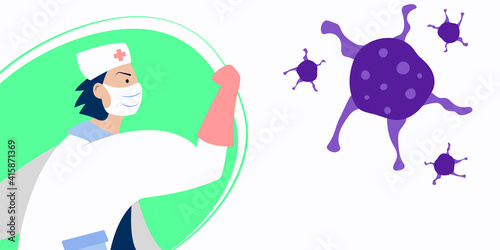 Vector illustration fight covid-19 corona virus. Doctor fight virus concept. Doctor or medical health care professionals fighting with coronavirus pandemic. Vector illustration flat style. 2021 banner