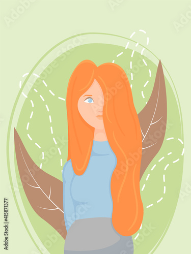 Beautiful young woman with long red hair. Female cartoon character vector illustration.  Romantic Girl. Summer  spring and flowers. Little teenager girl cartoon with florals. Portrait of ginger girl.