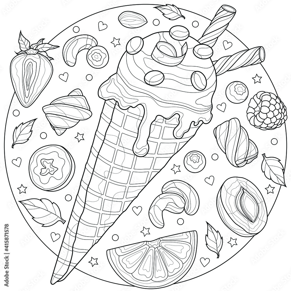 Ice cream cone with fruits and nuts.Coloring book antistress for children and adults. Illustration isolated on white background.Zen-tangle style.Hand draw