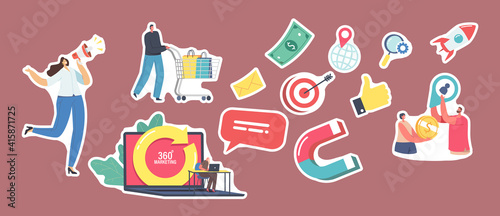 Set of Stickers 360 Degree Marketing Theme. Promoter Character with Megaphone, Customer with Shopping Trolley, Laptop