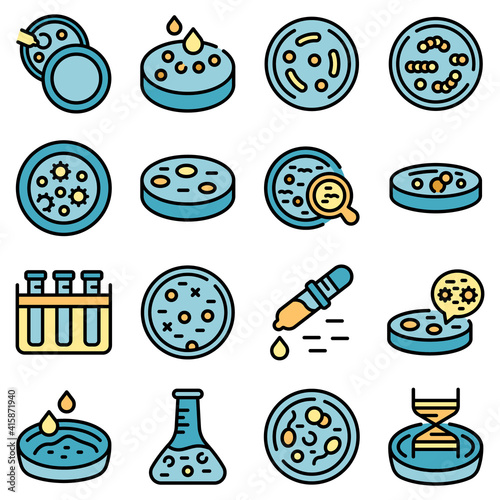 Petri dish icons set. Outline set of petri dish vector icons thin line color flat on white
