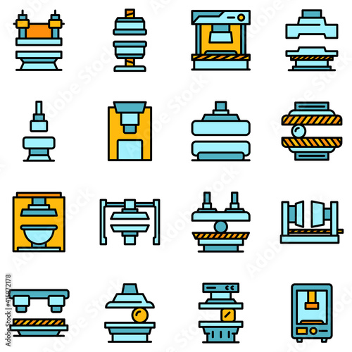 Press form machines icons set. Outline set of press form machines vector icons thin line color flat on white