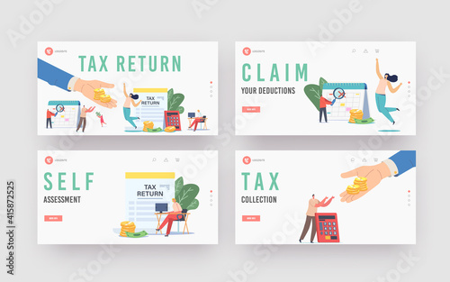 Tax Return Landing Page Template Set. Characters Get Money Refund for Purchasing, Mortgage or Health Care Service