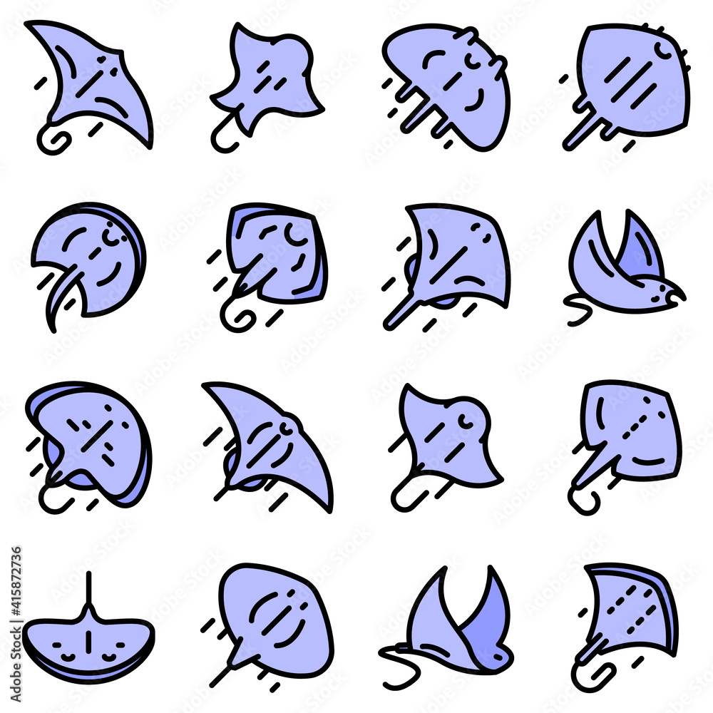 Stingray icons set. Outline set of stingray vector icons thin line color flat on white