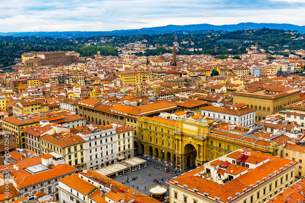 Orange roofs with Piazza della Republica, Florence, Italy.