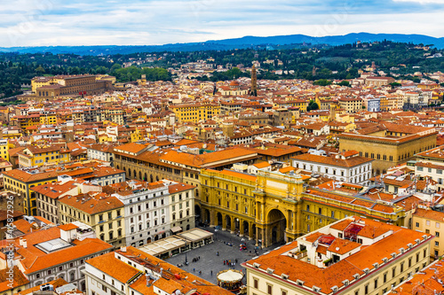 Orange roofs with Piazza della Republica, Florence, Italy.