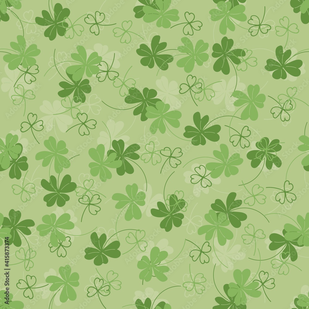 Saint Patricks day background with shamrock. Floral seamless pattern. Vector illustration in green color. Clover Ireland symbol pattern. For wallpaper, banner, invitation, wrapping, textiles.