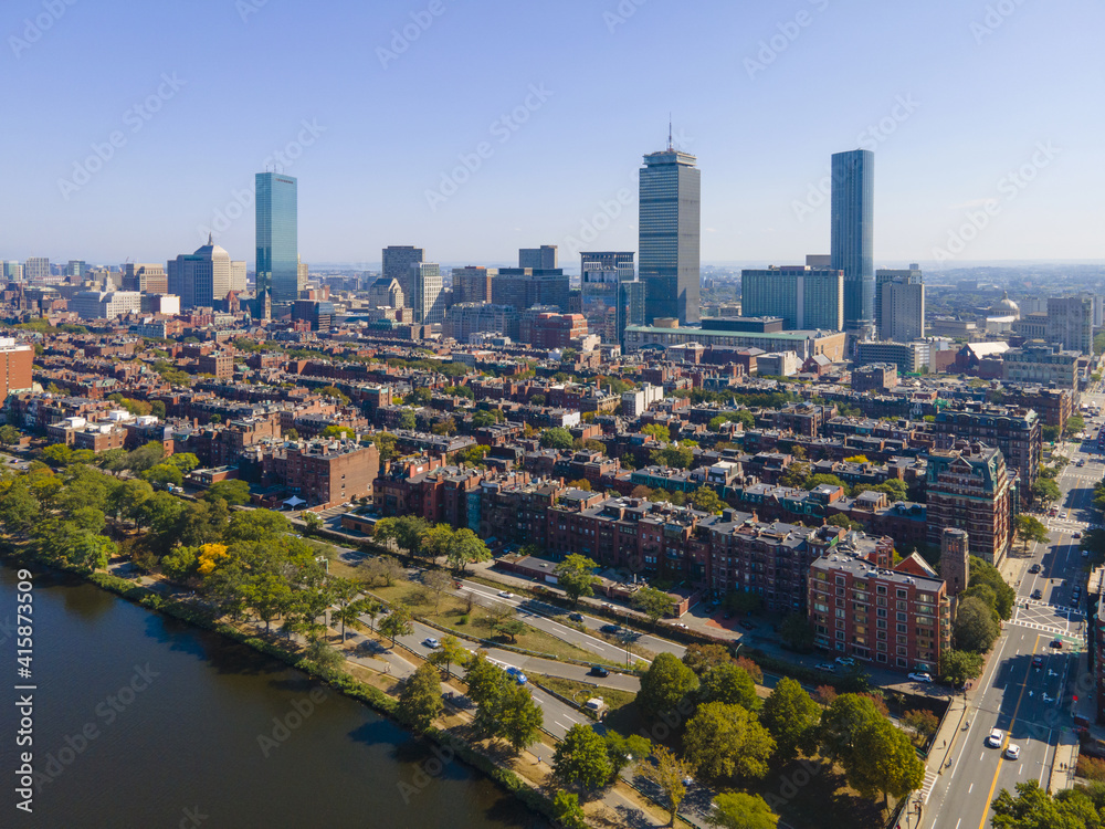Fototapeta premium Boston Back Bay modern city skyline including John Hancock Tower, Prudential Tower, and Four Season Hotel at One Dalton Street in Boston, Massachusetts MA, USA. 